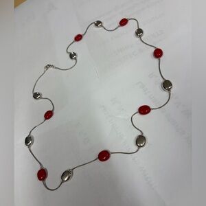 Long Silver Necklace with Red Beads